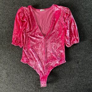 Free People Hot Pink Velvet Puff Sleeve Bodysuit